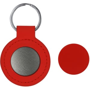 A round red keyring with a metal centre and a smooth red cover. It features a keyring attachment.