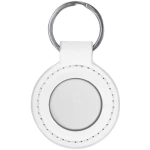 A circular white keyring with a silver metal keychain attachment, featuring a smooth, empty centre.