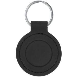 A round black keyring with a metal loop for attaching keys, featuring stitched detailing around the edge.
