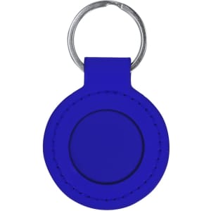 A round blue keyring with a silver keychain attachment and a smooth surface. Features a logo on the front.