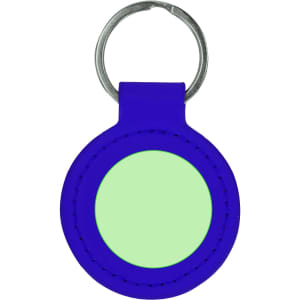A round keyring with a purple exterior and a light green centre, featuring a metal keyring attachment.