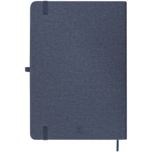 A navy blue notepad featuring a textured cover, with a bookmark and elastic closure, includes a logo on the front.