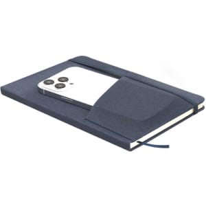 A navy notepad with a pocket for a smartphone, secured with an elastic band.