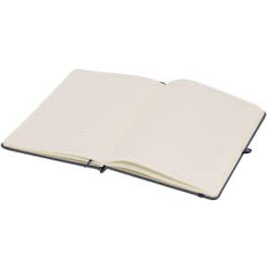 An open notepad with lined pages, featuring a dark blue cover. It has a sleek design and a ribbon bookmark.