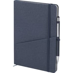 A navy notepad with a textured cover, pen holder, and a pocket for notes or cards. It has an elastic closure.