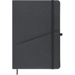 A grey notepad with a textured cover, featuring a diagonal design and an elastic band closure. It has a logo on the front.