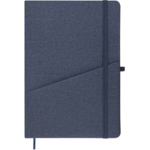 A navy blue notepad with a textured cover and an elastic band, featuring a slip pocket. It has a logo on the front.