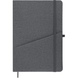 A grey notepad with a textured cover, featuring an elastic band and a pocket on the front.