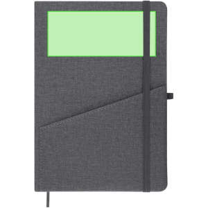 A grey notepad with a textured cover, featuring a green section and an elastic band for closure. Includes a pocket.