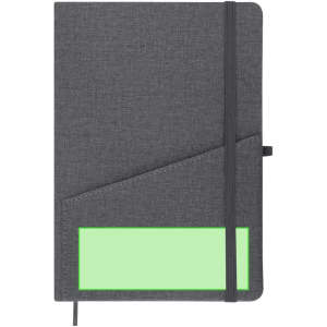 A grey notepad with a textured cover, featuring a pocket and a ribbon bookmark. It includes a branding logo.