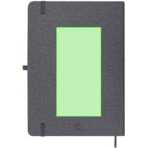 A grey notepad featuring a large green rectangular section and a logo at the bottom. It has an elastic closure.