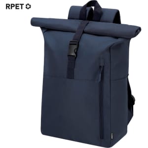 A navy blue backpack with a roll-top closure, adjustable straps, and a front zipper pocket. It features a logo.