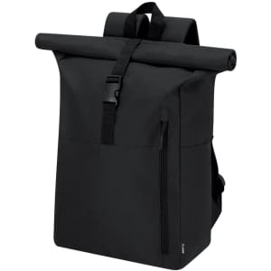 A black roll-top backpack featuring adjustable straps and a front zip pocket, with a logo on the side.