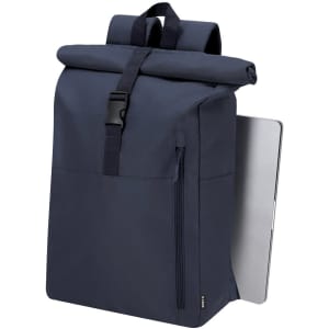 A navy blue backpack with a roll-top design, featuring a front pocket and side laptop access. It has a logo on it.
