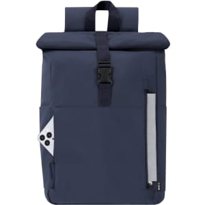 A navy blue Wendell Backpack featuring a roll-top design and multiple pockets, including a side zippered pocket.