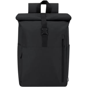A black backpack featuring a roll-top closure, adjustable straps, and a front zip pocket. It has a logo on the exterior.
