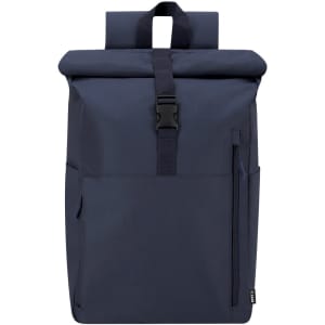 A navy blue backpack with a roll-top closure, adjustable straps, and a front pocket. It features a logo on the side.