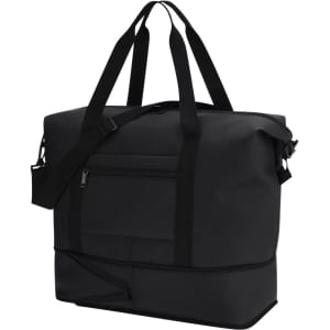 A black extendable bag with dual handles, a shoulder strap, and a front zipper pocket. Features branding on the material.
