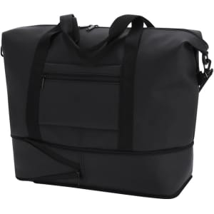 A black extendable bag with dual handles and a shoulder strap, featuring a front zip pocket and branding.