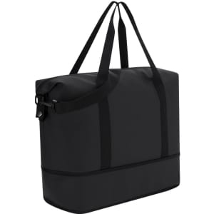 A black extendable bag with two handles and a sturdy bottom section, featuring a logo on the side.