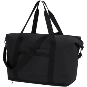 A black extendable bag with dual handles and an adjustable shoulder strap, featuring a front zip pocket.