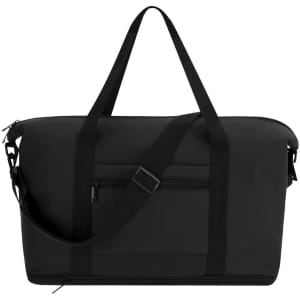 A black extendable bag with dual handles and a shoulder strap, featuring a front zip pocket and a sleek design.
