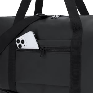 A black extendable bag featuring a zippered pocket with a smartphone partially visible. It has durable straps and a sleek design.