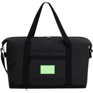 A black extendable bag with handles and a front pocket featuring a green area. It has a logo on it.