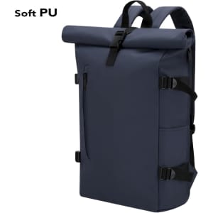 A navy blue backpack made from soft PU material features adjustable straps and a roll-top design.
