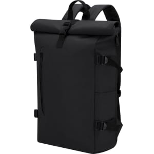 A black roll-top backpack features adjustable straps, a front zip pocket, and side buckles. It has a logo on the front.