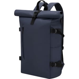 A navy blue backpack with a roll-top closure and adjustable straps. It features multiple compartments and a logo.