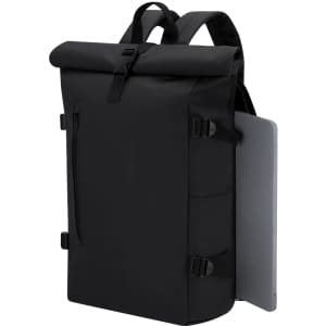 A black backpack featuring adjustable straps, a roll-top closure, and a side compartment for a laptop. It has a logo.