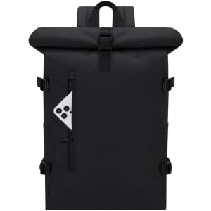 A black Hedix Backpack featuring a roll-top design, adjustable straps, and a side zip pocket with a logo.