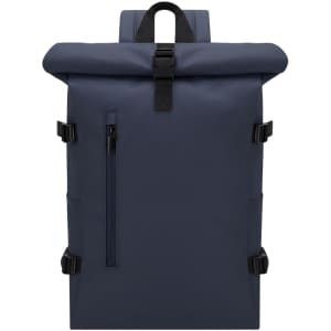 A navy blue Hedix Backpack with a roll-top closure, adjustable straps, and a front zip pocket. Features branding.