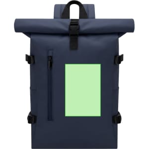 A navy backpack with a roll-top design, featuring a front zip pocket and a large square area for branding.