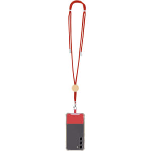 A red lanyard with a wooden holder attached to a transparent pouch, suitable for carrying ID or small items.