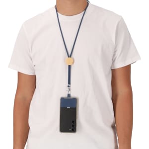 A blue Thorne Holder lanyard worn around the neck, holding a smartphone securely at the front.