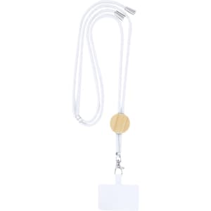 A white lanyard with a wooden accent, featuring a clear ID holder attached at the bottom.