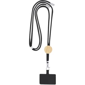 A black lanyard with a wooden accent and a rectangular holder for identification cards.