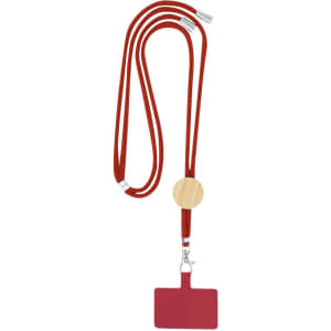 A red lanyard with a wooden circular holder and a red ID card attachment. Ideal for exhibitions and events.