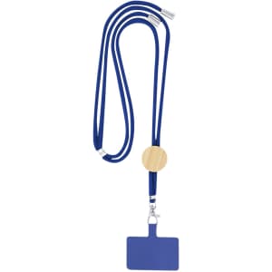 A blue lanyard with a wooden circular pendant and a rectangular attachment for holding ID or cards.