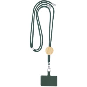 A green lanyard with a wooden holder, featuring a blank rectangular card holder and metal clips.
