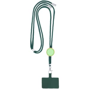 A green lanyard with a round attachment and a rectangular card holder at the bottom.