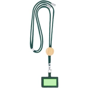 A green lanyard with a wooden connector and a rectangular ID holder at the end.