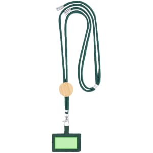 A green lanyard with a wooden circular clasp and a rectangular badge holder attached.