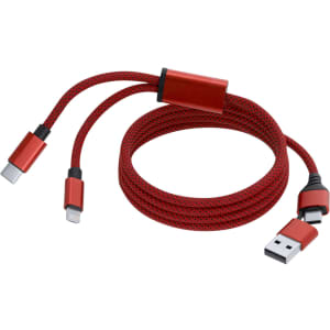 A braided red charging cable with multiple connectors, including USB, USB-C, and Lightning, featuring a small logo.