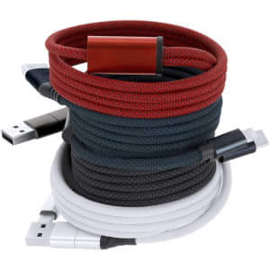 A set of charging cables in red, blue, black, and white, featuring various connectors and a logo.