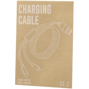 A red charging cable packaged in a brown cardboard sleeve, featuring multiple connection ends and a logo.