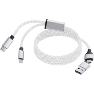 A charging cable in white, featuring USB, Type-C, and Lightning connectors, with a woven design and silver accents.