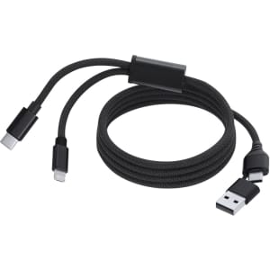 A black charging cable with multiple connectors, featuring a braided design and a branding logo.